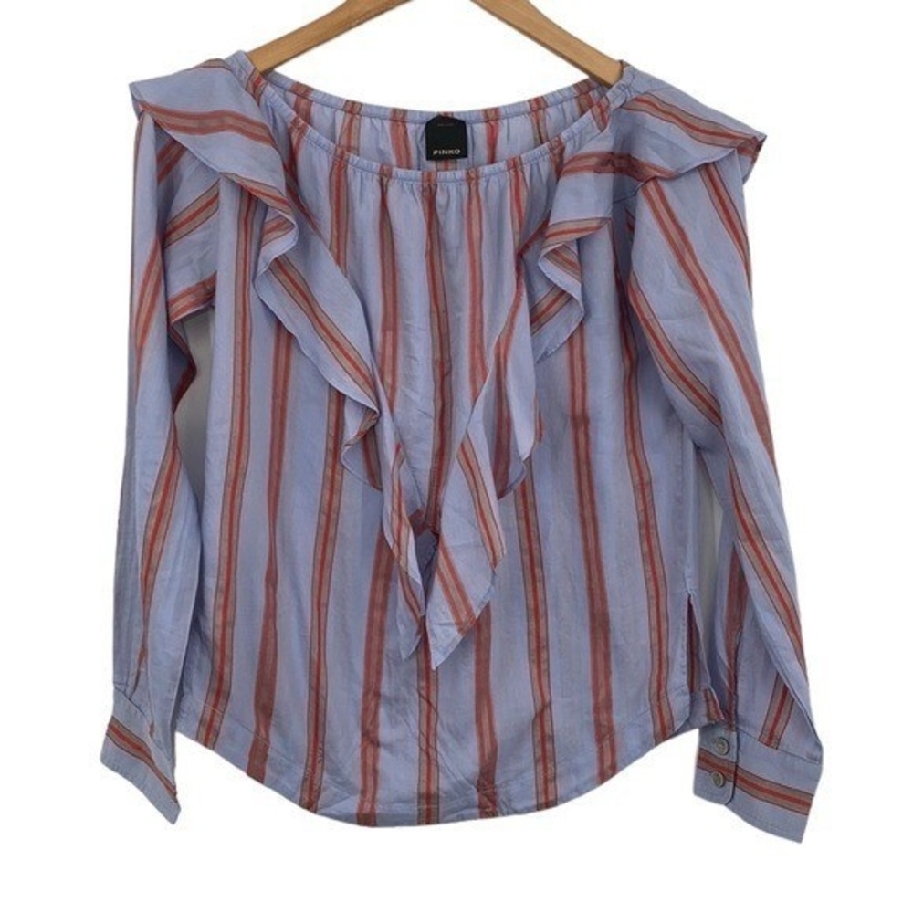 Pinko‎ Blouse Womens 2 Blue Red Striped Jacquard Ruffled Front Long Sleeve